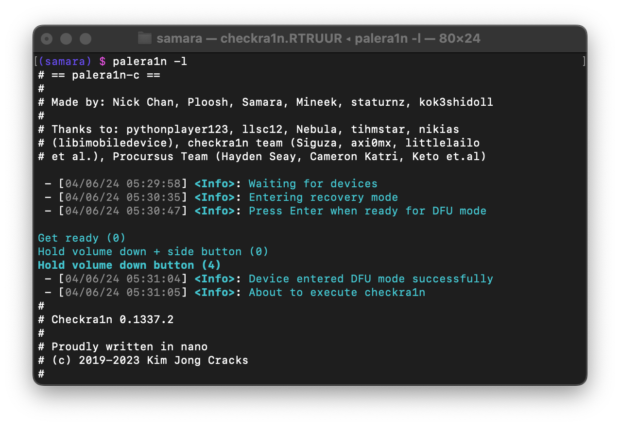 macOS terminal running palera1n